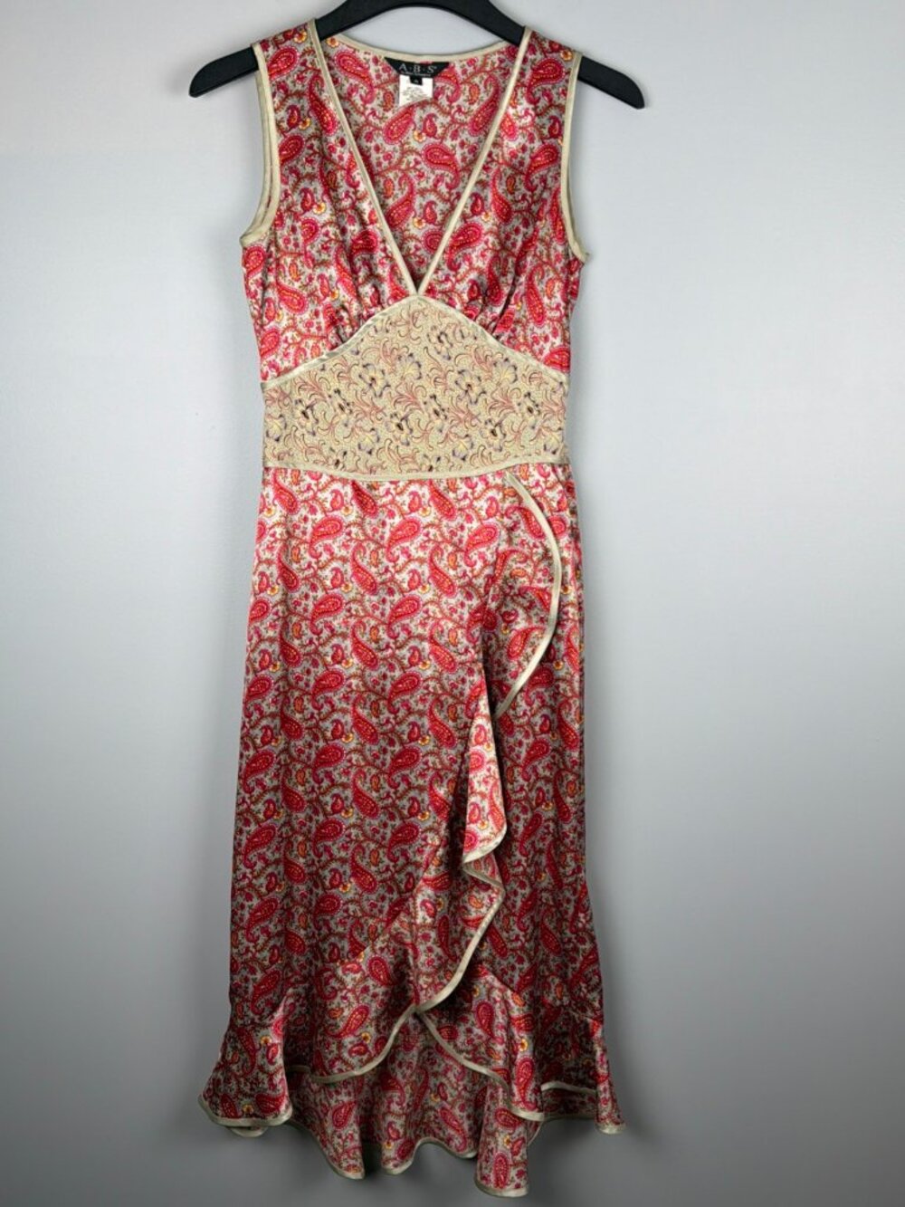 ABS Allen Schwartz Dress Womens 4 Pink Silk Paisley Y2K Bias Cut Slip Babydoll